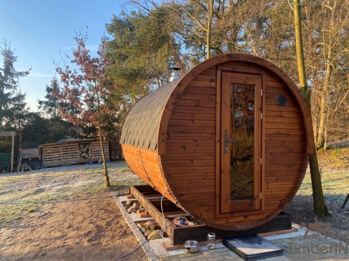 Barrel 11 Outdoor barrel sauna installed in a garden
