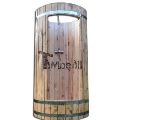 Outdoor wooden shower after hot tub or sauna sesion
