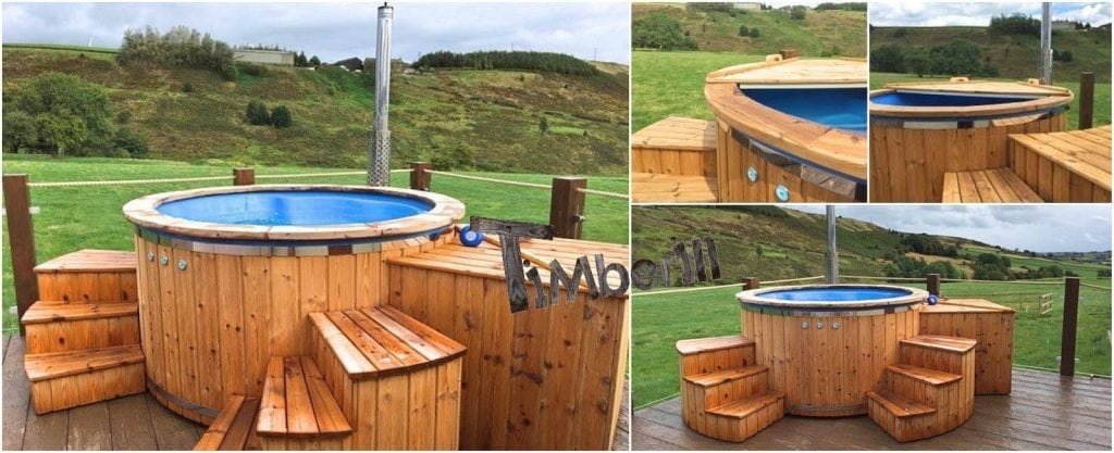 Fiberglass lined hot tub with integrated burner thermo wood Wellness Royal James Booth Sheffield UK