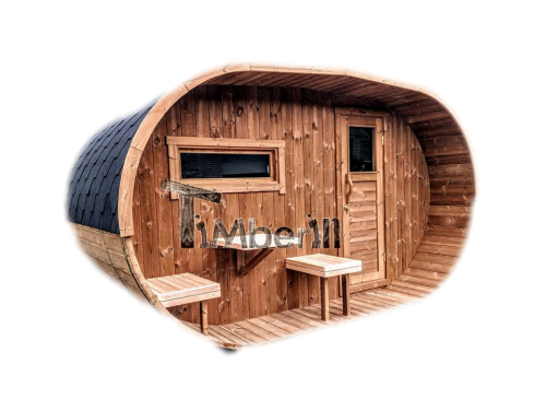Oval wooden outdoor sauna