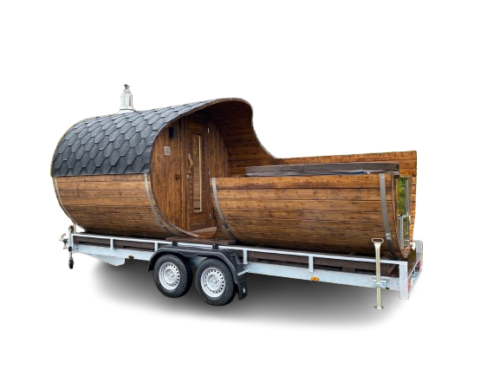 Mobile barrel oval sauna with hot tub