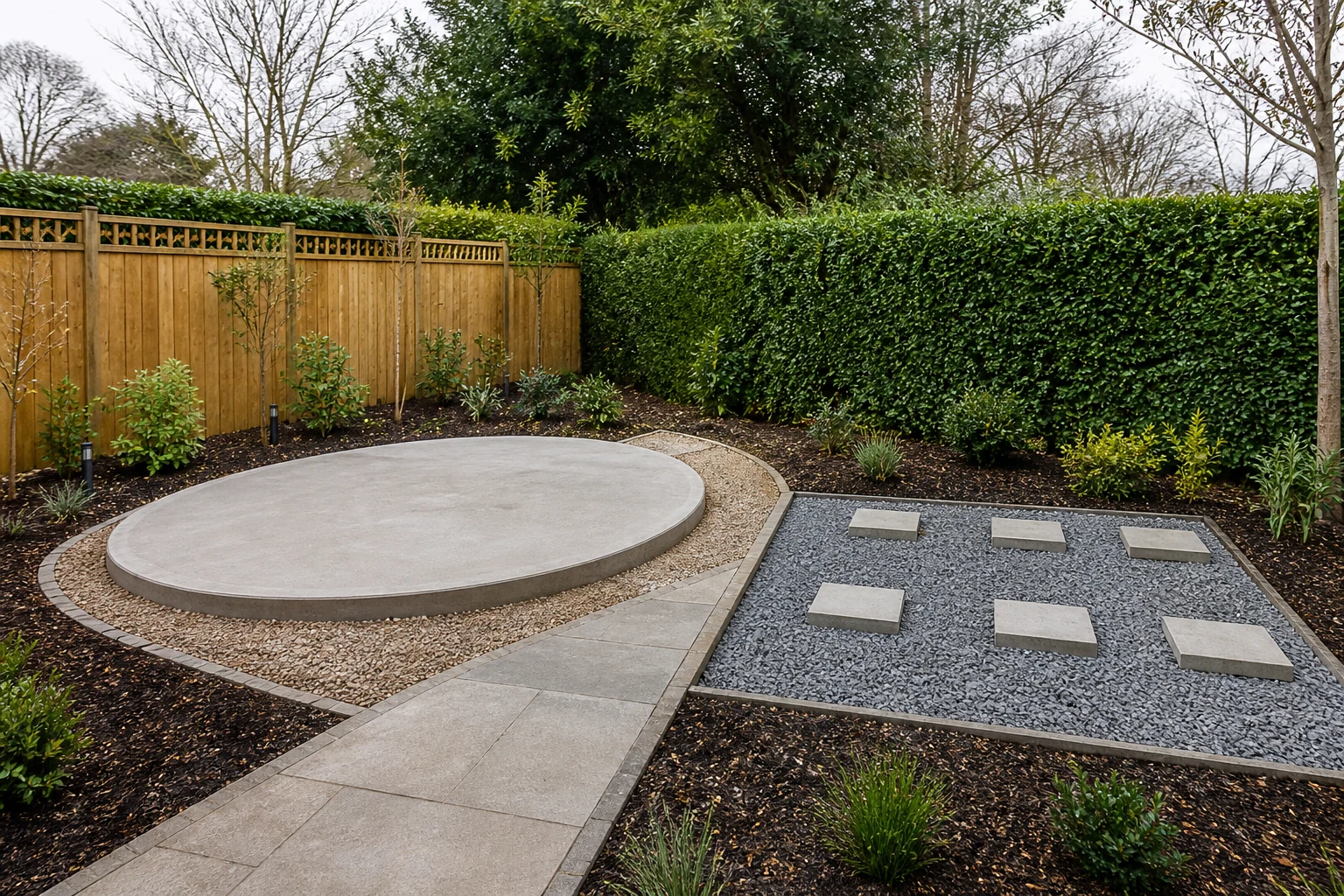 Preparing the Base for a Hot Tub or Outdoor Sauna 1 Level round concrete hot-tub slab beside a compacted gravel outdoor-sauna foundation with evenly spaced concrete support pads in a British garden