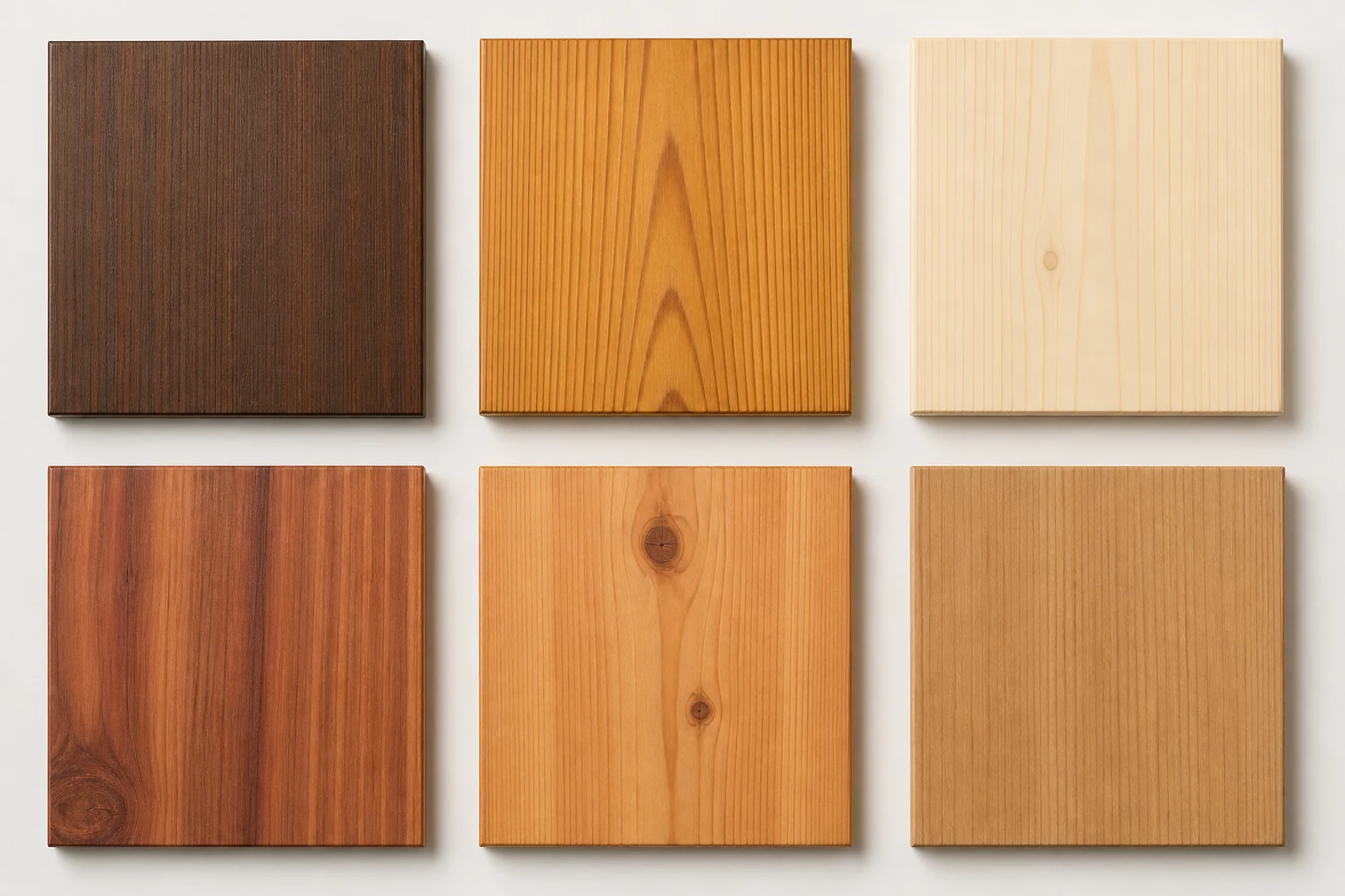Types of Wood for Hot Tubs & Outdoor Saunas 1 Six timber samples showing dark Thermowood, golden larch, pale Nordic spruce, reddish western red cedar, knotty pine and uniform modified wood