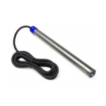 Hot tub winter freeze prevention heater – slim stainless-steel 600-watt immersion heater with blue sealed end cap and black power cable on a white background.