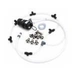 Bubble massage system for hot tubs – hot-tub air massage kit with blower, clear air tubing, stainless-steel nozzles, manifold and connection fittings on a white background.