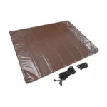 Tarpaulin lightweight cover for hot tub – folded-out brown waterproof hot-tub tarpaulin with reinforced eyelets, black fastening cord and plastic fixing buttons on a white background.