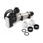 Electric heater for hot tubs  – stainless-steel inline electric hot-tub heater with black control housing, union fittings and sealing rings on a white background.