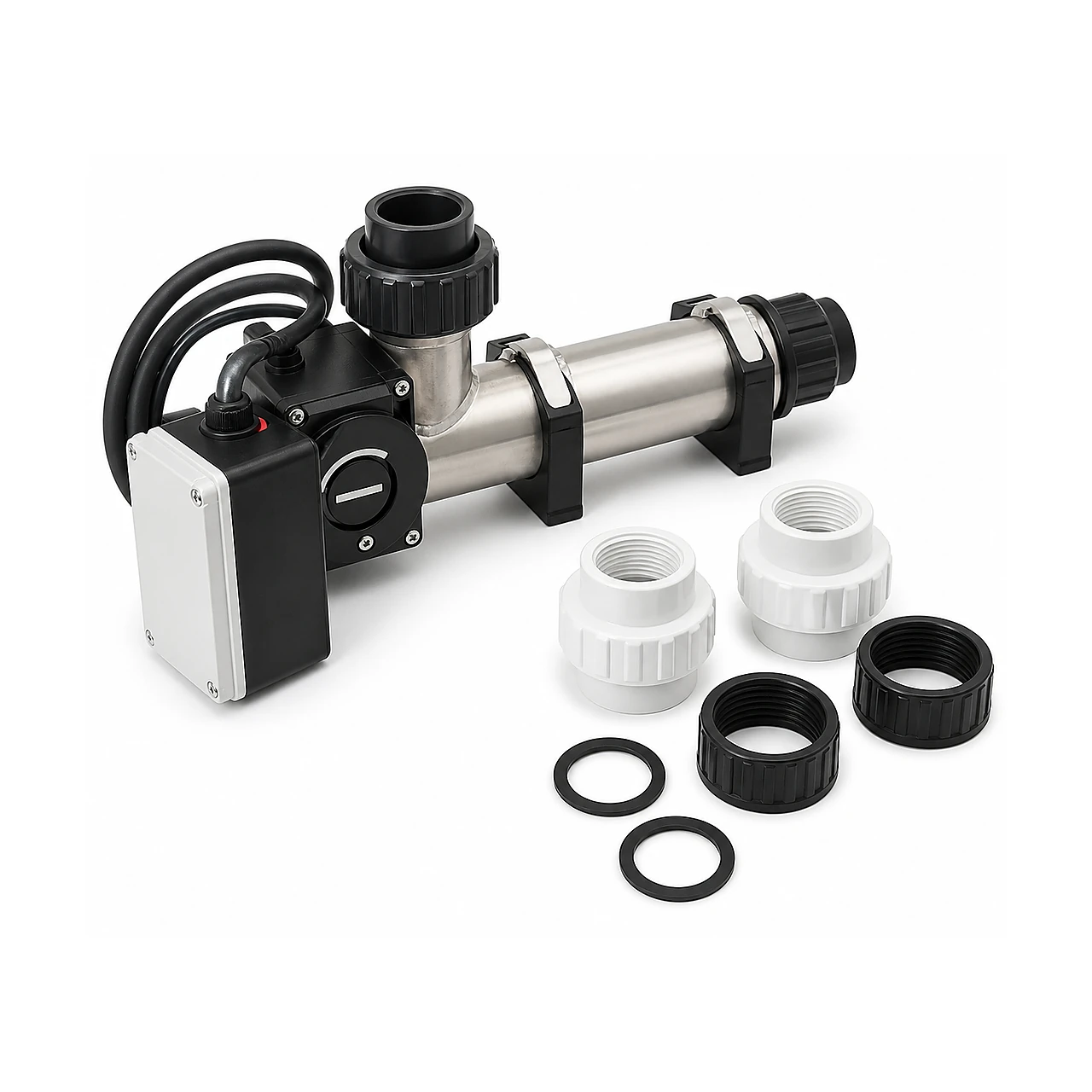 Electric heater for hot tubs 1 Electric heater for hot tubs – stainless-steel inline electric hot-tub heater with black control housing, union fittings and sealing rings on a white background.