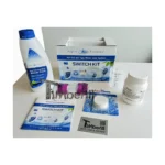 Hot tub water treatment – care box – complete hot-tub water-care kit with treatment bottles, test strips, sachets and instruction packaging arranged on a white background.