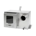 TimberIN IntegraFire™ 30 – box-shaped stainless-steel integrated hot-tub wood stove with firebox window, round water outlet, chimney collar and drain port on a white background.
