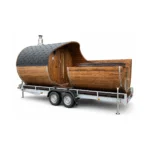 Outdoor saunas 20 TimberIN Nordic Mobile Barrel Sauna & Hot Tub Combo™ – mobile barrel sauna and hot-tub combination with thermowood body, dark shingle roof, open bathing section and twin-axle trailer on a white background.