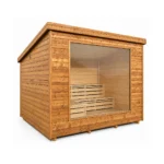 TimberIN Nordic Vista™ – modern rectangular garden sauna with horizontal timber cladding, full-width glazed front and tiered interior benches on a white background.