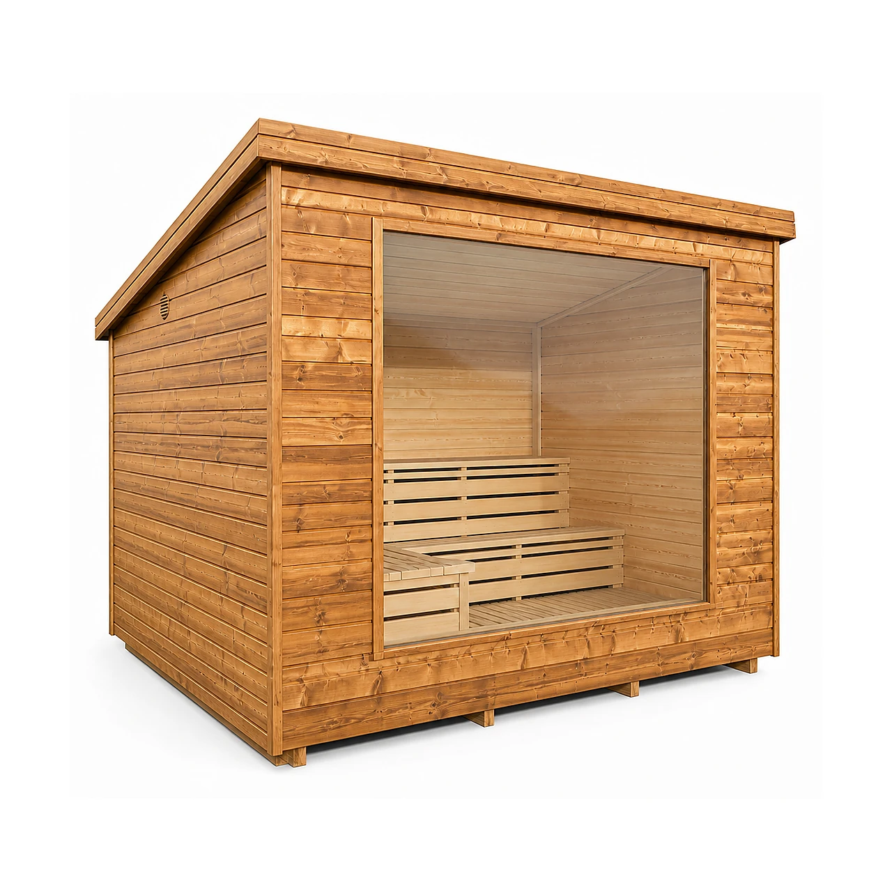 TimberIN Nordic Vista™ 1 TimberIN Nordic Vista™ – modern rectangular garden sauna with horizontal timber cladding, full-width glazed front and tiered interior benches on a white background.