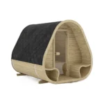 TimberIN Nordic Arc™ – arched Nordic outdoor sauna with pale timber interior, dark shingle side shell, central glass door and curved benches on a white background.