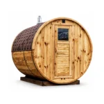 TimberIN Nordic Barrel™ Classic – classic round barrel sauna with natural timber staves, solid entrance door, square window, chimney and support cradle on a white background.