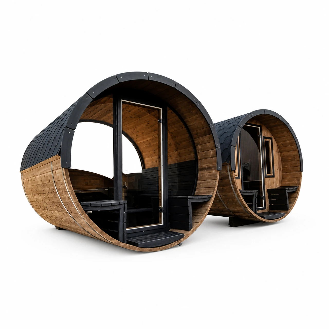 TimberIN Nordic Barrel Panorama™ 1 TimberIN Nordic Barrel Panorama™ – panoramic barrel sauna with dark shingle shell, curved full-glass front, central glass door and visible timber benches on a white background.