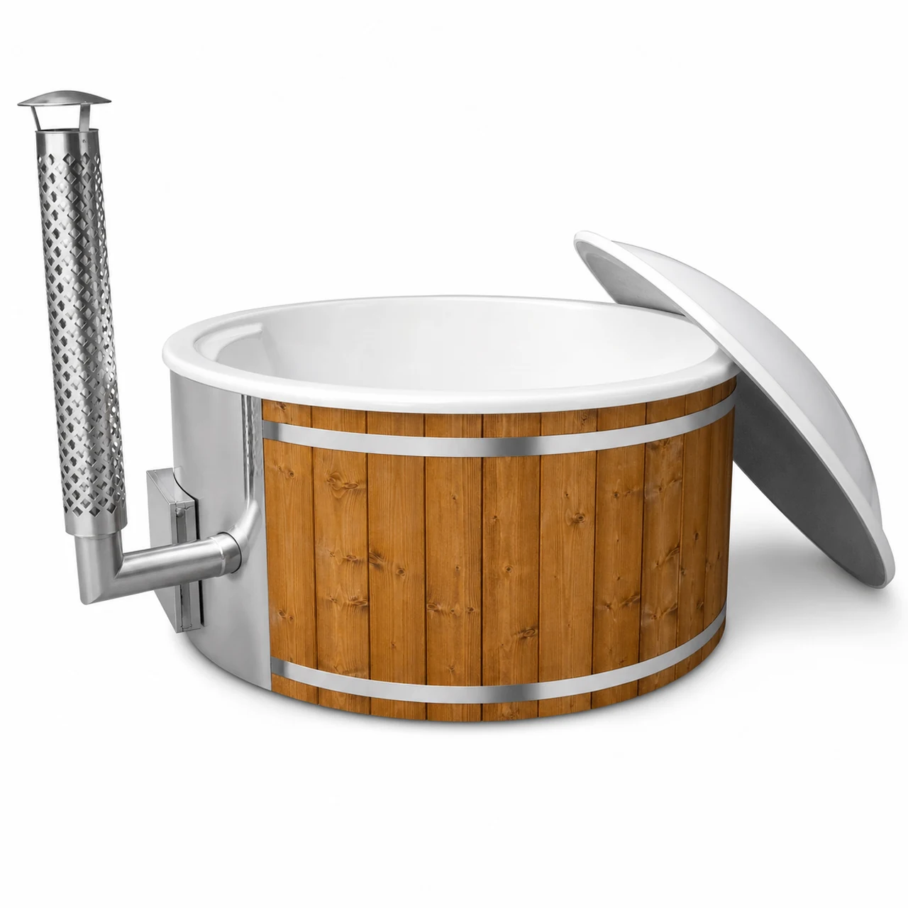 TimberIN Nordic Core™ 1 TimberIN Nordic Core round hot tub with white liner, thermowood cladding, integrated wood heater, stainless-steel chimney and open insulated cover on a white background.
