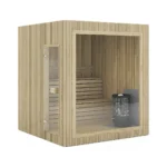 1–2 Person Outdoor Saunas 1 TimberIN Nordic Cube™ – cube-shaped outdoor sauna with pale vertical timber cladding, full-height glass front, side entrance door, tiered benches and electric heater on a white background.