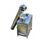 TimberIN Nordic External™ Wood-Fired Hot Tub Heater – external stainless-steel wood-fired hot-tub heater with loading door, angled chimney and water connection ports on a white background.