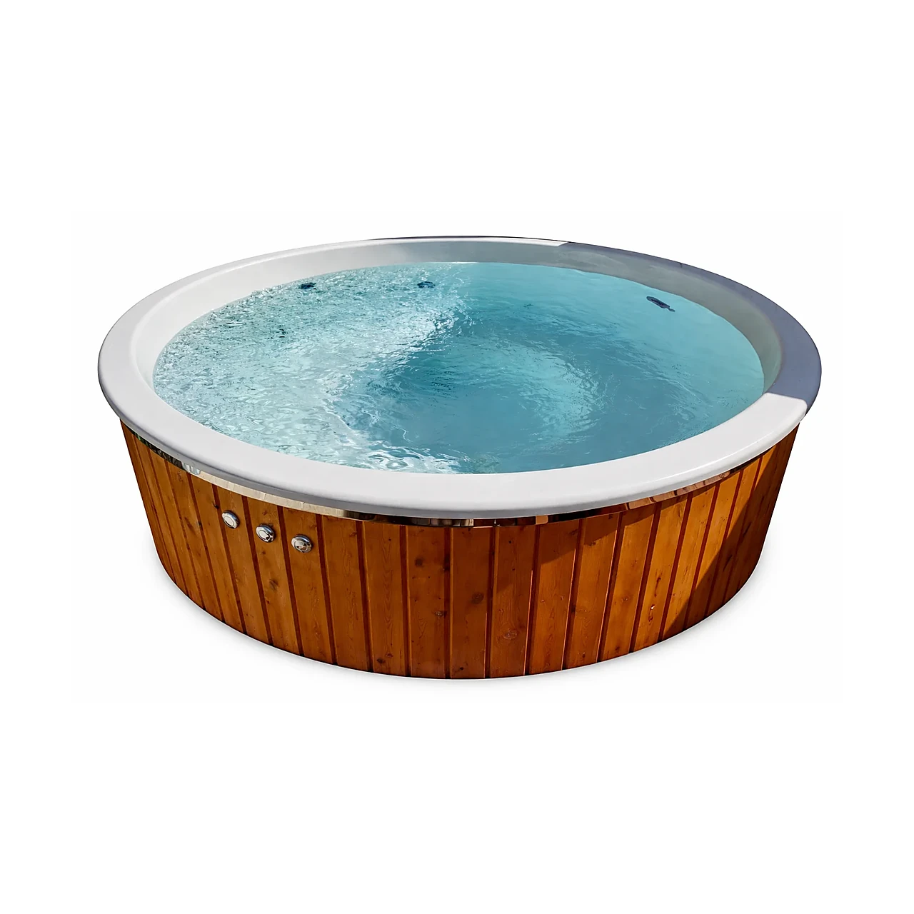Electric Wooden Hot Tub for Garden Use – TimberIN Nordic Family™ Electric 1 Electric Wooden Hot Tub for Garden Use – TimberIN Nordic Family™ Electric – round electric hot tub with warm timber cladding, pale moulded liner and bubbling blue water on a white background.