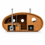 Outdoor saunas 16 TimberIN Nordic Sauna & Hot Tub Combo Hobbiton™ – wide oval sauna and hot-tub combination with timber interior, central stove, round windows and integrated bathing area on a white background.
