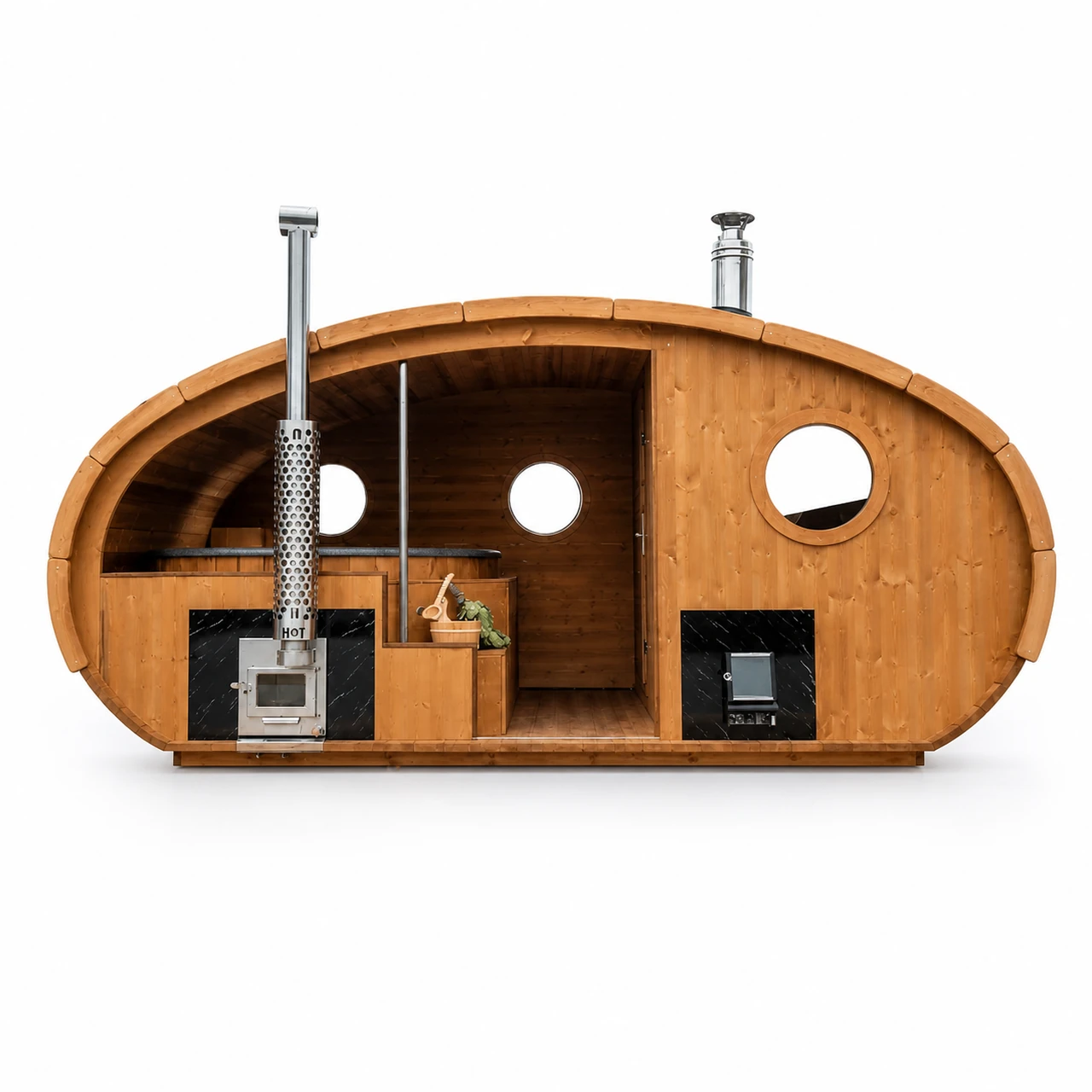 TimberIN Nordic Hobbiton oval Thermowood sauna and hot-tub combination with round windows, black roof and integrated bathing area