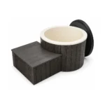 Ice Baths & Cold Plunge Tubs for Cold Water Recovery 1 TimberIN Nordic Ice™ – round cold-plunge tub with dark vertical cladding, cream insulated liner, black upright cover and matching equipment step on a white background.