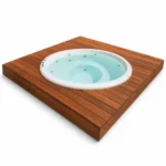 4 Person Hot Tubs 6 TimberIN Nordic InGround Comfort circular sunken fibreglass hot tub filled with pale blue water and fitted with massage jets in a timber-deck module on a white background.