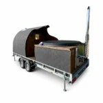 Outdoor saunas 21 TimberIN Nordic Mobile Sauna Pod & Hot Tub Combo™ – mobile sauna pod and hot-tub combination with dark shingle shell, open bathing module, stainless-steel chimney and road-trailer chassis on a white background.