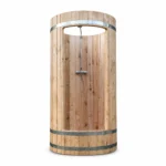 TimberIN Nordic Shower™ Barrel – cylindrical timber outdoor shower cubicle with door, steel bands and overhead shower pipe on a white background.