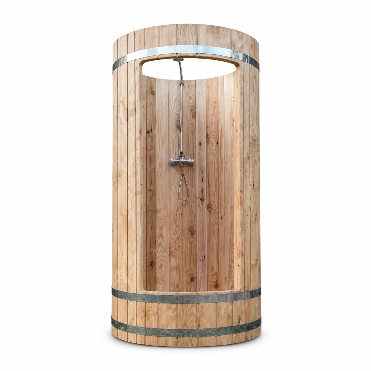 Cilindervormige TimberIN-buitendouche van hout met deur, metalen banden en douchekop