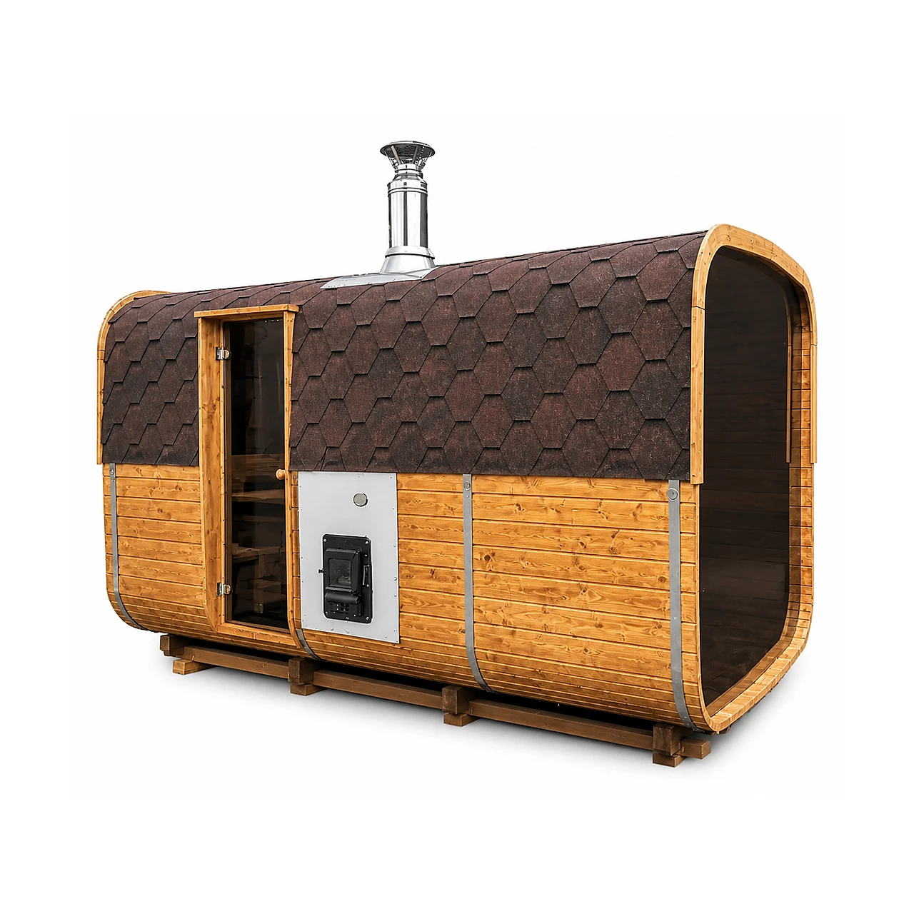 TimberIN Nordic Square Barrel™ 1 TimberIN Nordic Square Barrel™ – rectangular barrel-style outdoor sauna with warm timber cladding, dark shingle roof, glazed front door and external chimney on a white background.