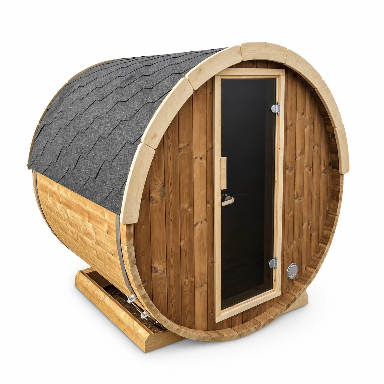 TimberIN Nordic Terrace™ 160 Electric 1 TimberIN Nordic Terrace™ 160 Electric – compact two-person terrace barrel sauna with pale timber cladding, grey shingle roof and full-height glazed entrance door on a white background.