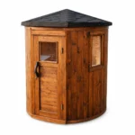 TimberIN Nordic Vertical™ – compact upright barrel sauna with vertical timber cladding, glazed entrance door, side windows and shingle roof on a white background.