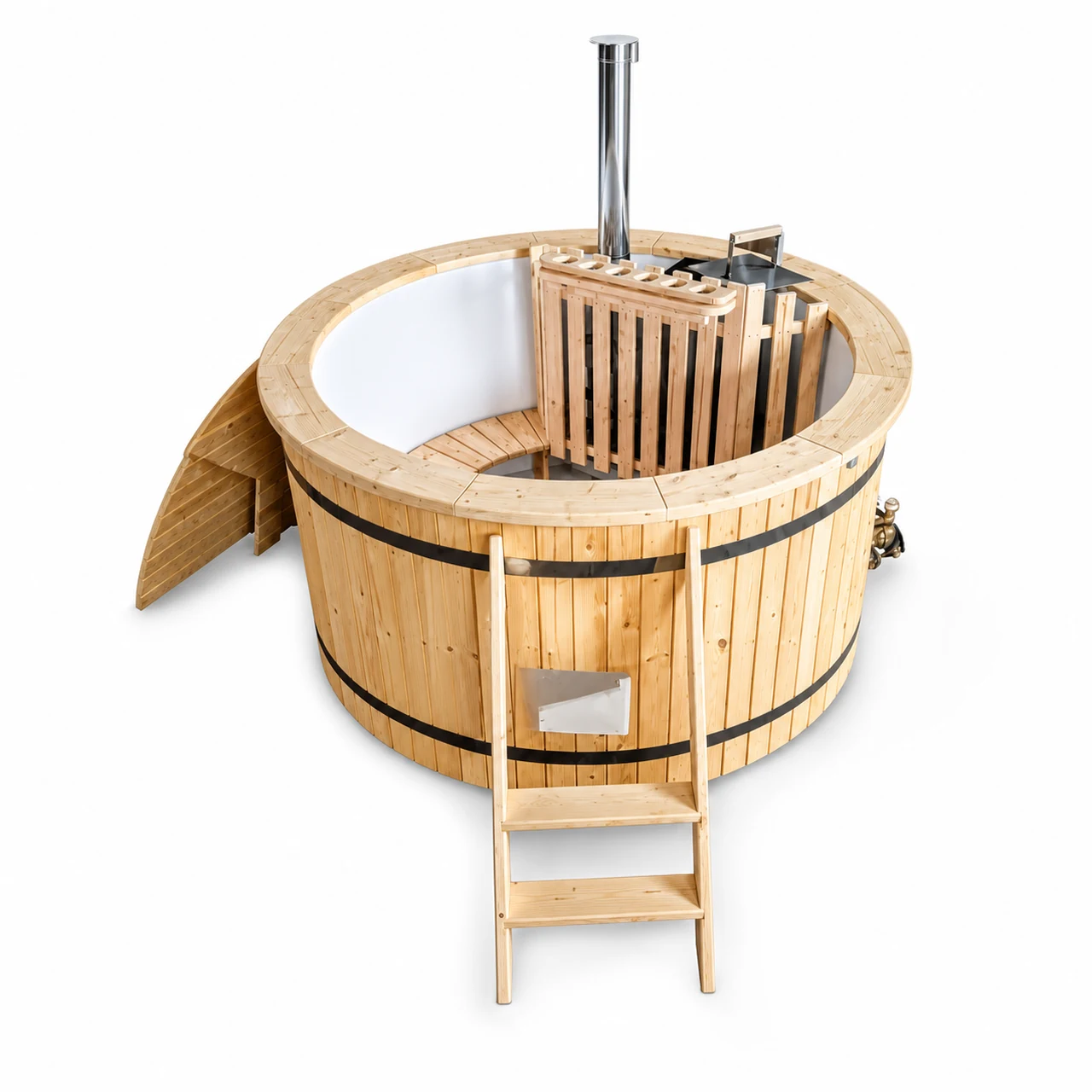 Affordable Wooden Hot Tub for Your Garden – TimberIN Nordic Value™ 1 TimberIN Nordic Value round hot tub with pale timber cladding, white liner, guarded internal stove, chimney, wooden ladder and upright wooden cover on a white background.