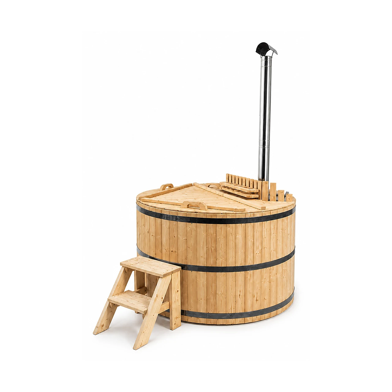 Wooden Hot Tub Basic – TimberIN Nordic™ (Affordable Wood Fired Model) 1 Wooden Hot Tub Basic – TimberIN Nordic™ (Affordable Wood Fired Model) – round solid-timber hot tub with pale spruce staves, curved wooden benches, guarded internal wood stove, chimney, timber steps and matching wooden lid on a white background.