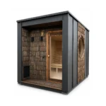 TimberIN Nordic Oculus™ – modern compact outdoor sauna with dark framed shell, textured timber façade, glass door and large round side window on a white background.
