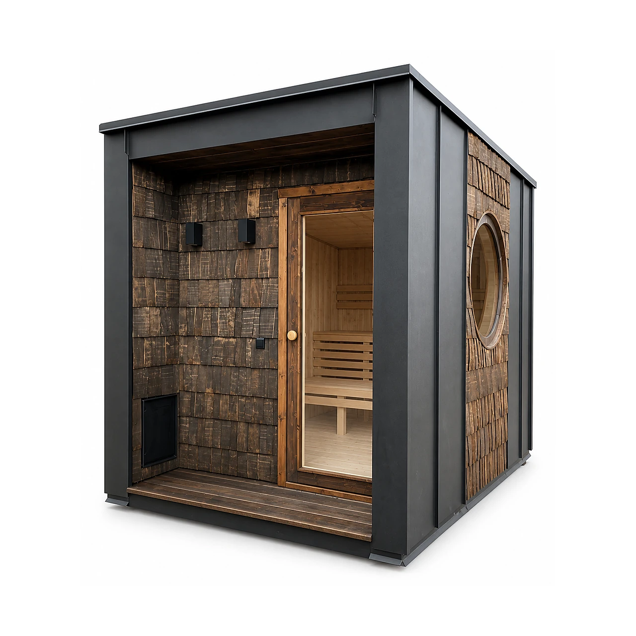 TimberIN Nordic Oculus™ 1 TimberIN Nordic Oculus™ – modern compact outdoor sauna with dark framed shell, textured timber façade, glass door and large round side window on a white background.