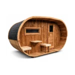 TimberIN Nordic Oval™ Terrace – oval terrace sauna with thermowood façade, black shingle shell, glazed entrance, covered porch benches and chimney on a white background.