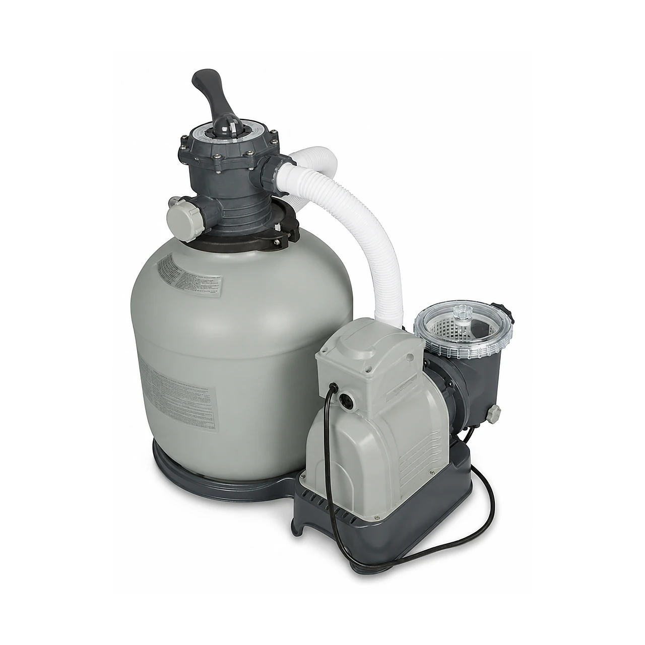 Hot Tub Water Treatment & Care 2 Grey sand filter vessel with top multiport valve, circulation pump, pressure gauge and hose connections for a hot tub