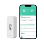Smart thermometer for hot tubs – wireless hot-tub temperature sensor beside a smartphone displaying the live temperature-monitoring app on a white background.