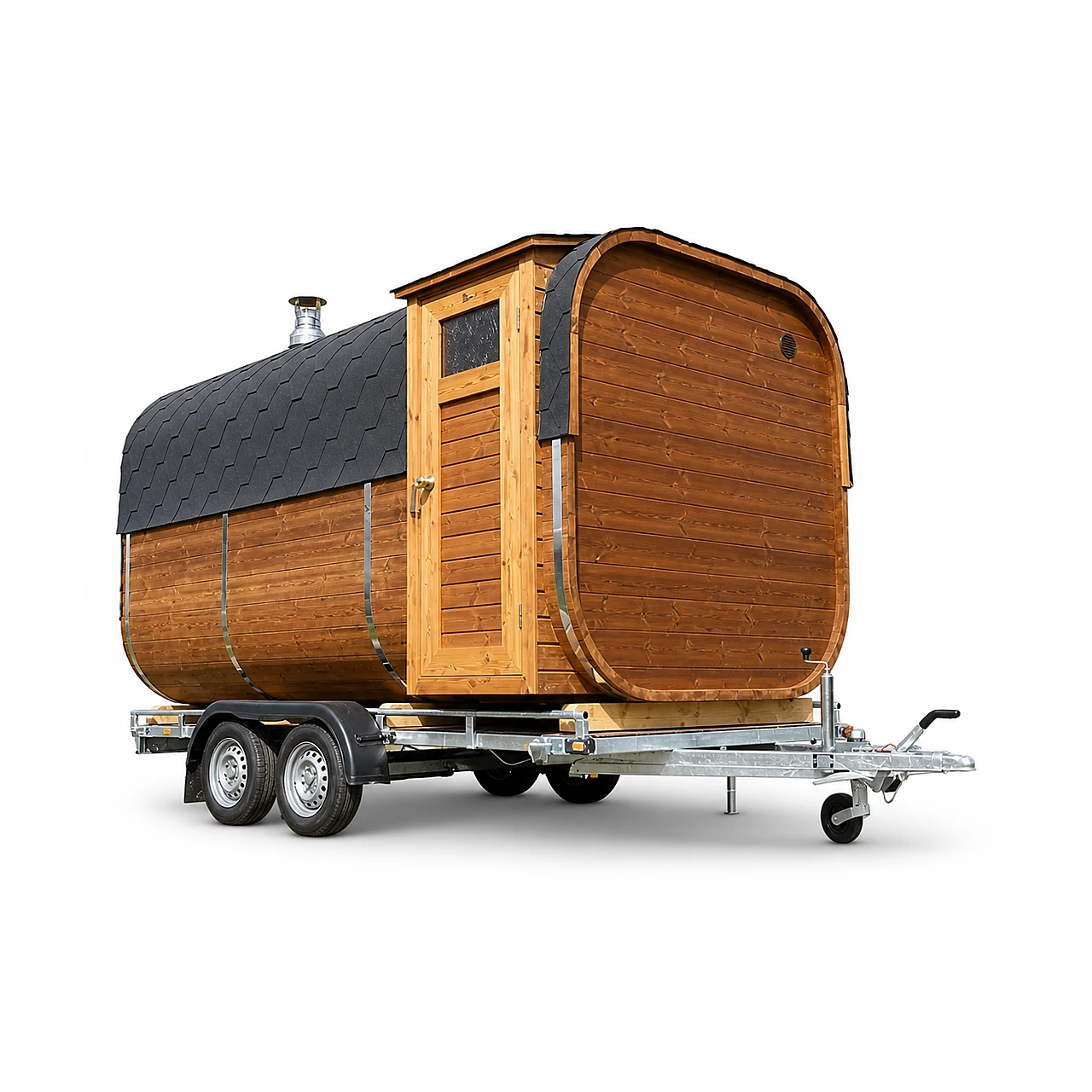 TimberIN Nordic Square Mobile Sauna™ 1 TimberIN Nordic Square Mobile Sauna™ – square mobile sauna with rounded roof, timber cladding, glazed side door and twin-axle trailer chassis on a white background.