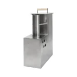 TimberIN SubmergeFire™ 26 – rectangular stainless-steel internal wood-fired hot-tub stove with top flue outlet and water-circulation openings on a white background.