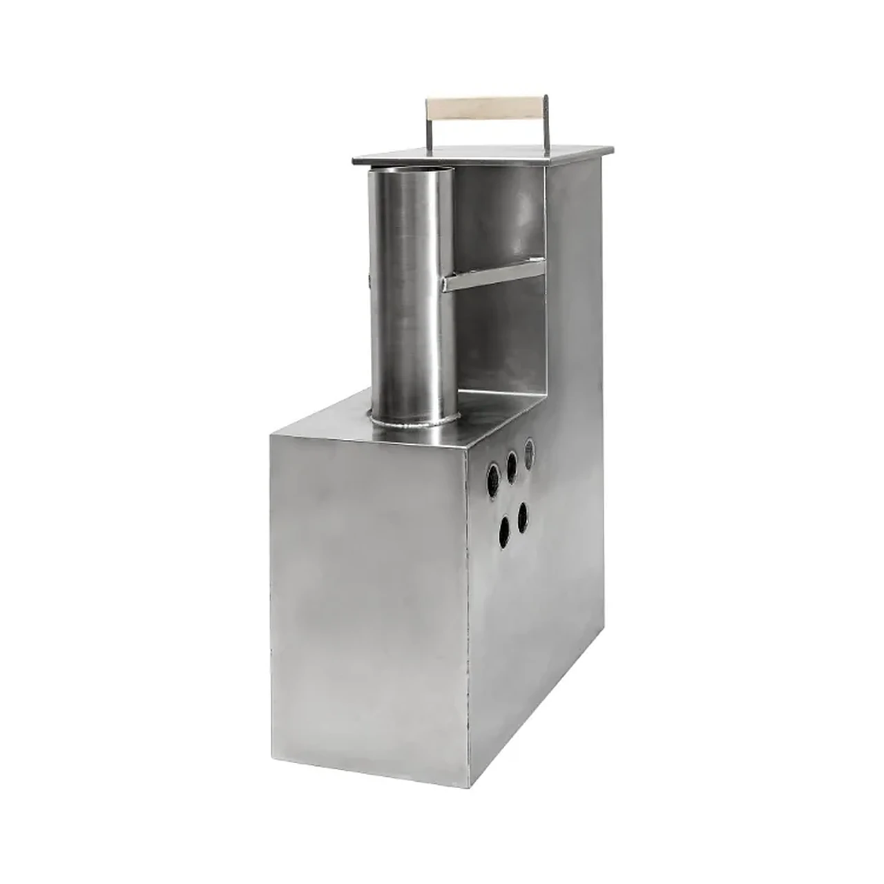 TimberIN SubmergeFire™ 26 1 TimberIN SubmergeFire™ 26 – rectangular stainless-steel internal wood-fired hot-tub stove with top flue outlet and water-circulation openings on a white background.
