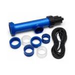 UV filter for chemical-free water treatment – blue tubular UV-C water-treatment unit with black lamp housing, power cable and blue-and-white union connectors on a white background.