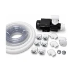 Water – Hydro massage system for hot tubs – hot-tub hydromassage kit with circulation pump, clear hoses, stainless-steel water jets, elbows and connection fittings on a white background.