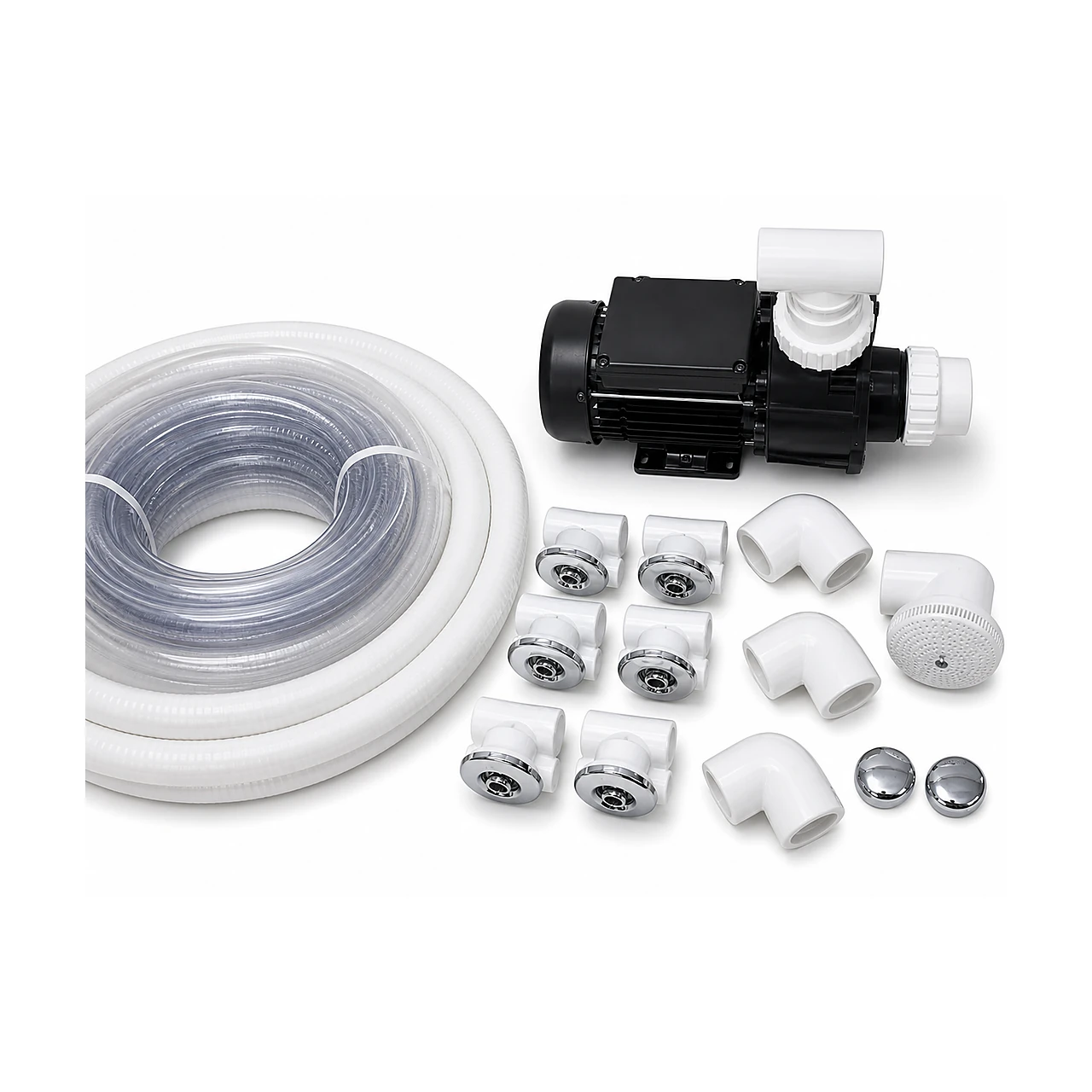 Water - Hydro massage system for hot tubs 1 Water – Hydro massage system for hot tubs โ hot-tub hydromassage kit with circulation pump, clear hoses, stainless-steel water jets, elbows and connection fittings on a white background.