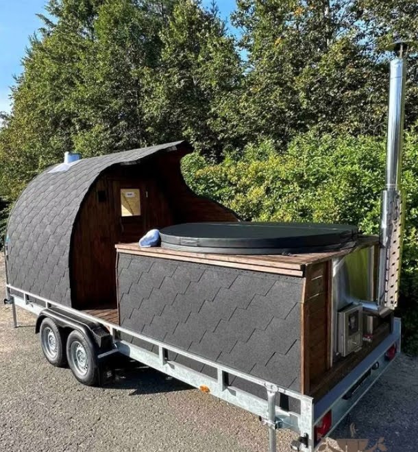 TimberIN UK 12 Barrel sauna and hot tub mounted on a shared trailer