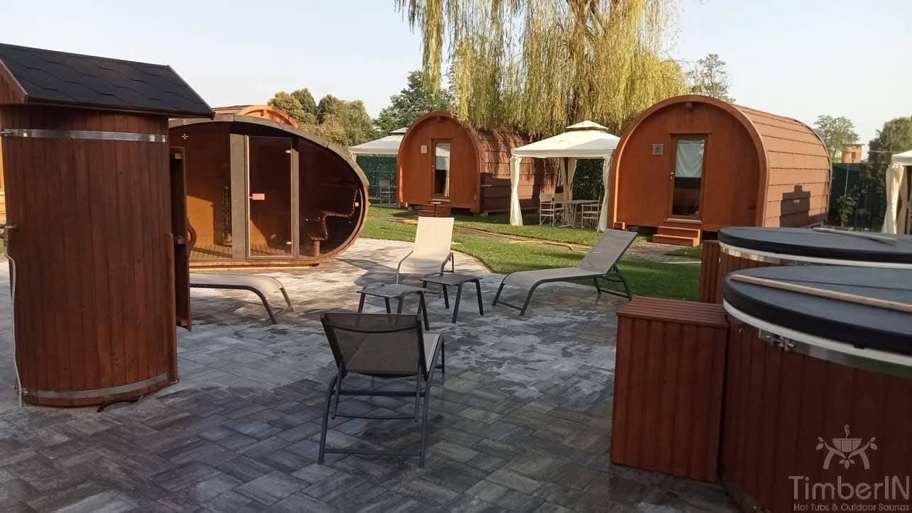 Outdoor saunas 1 TimberIN outdoor sauna display with several garden sauna forms