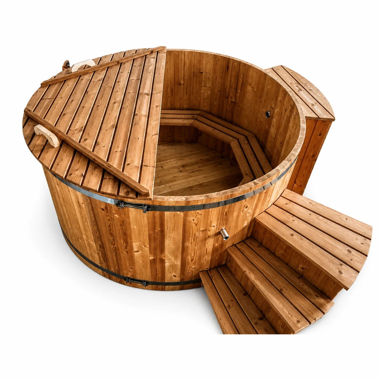 Wood Fired Wooden Jacuzzi – Traditional Timber Hot Tub 1 TimberIN Nordic Classic™ – kantiges Vollholz-Badefass mit geformten Innenbänken und passender zweistufiger Holztreppe auf weißem Hintergrund.